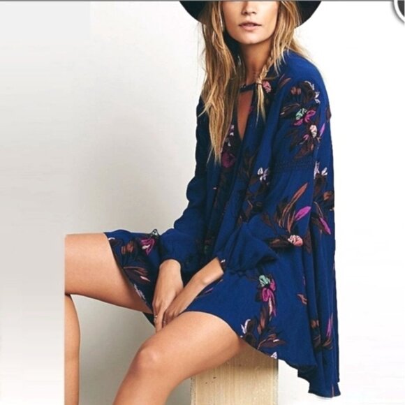 Free People Electric Orchard Blue Mini Tunic Dress S Dark Floral Fairygrunge - Picture 3 of 12